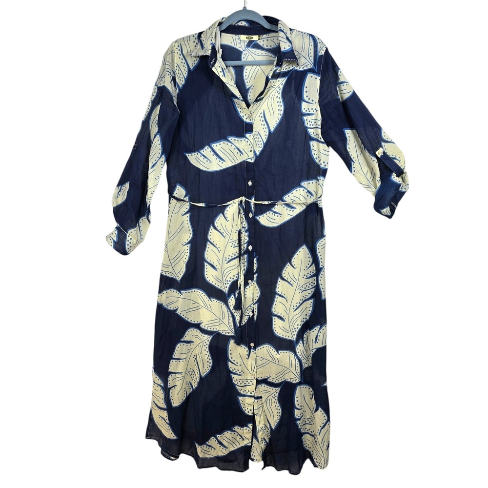 Dolma Woma Shirt Dress Navy Blue Tropical Leaf Print Light Cotton Midi S/M Lined